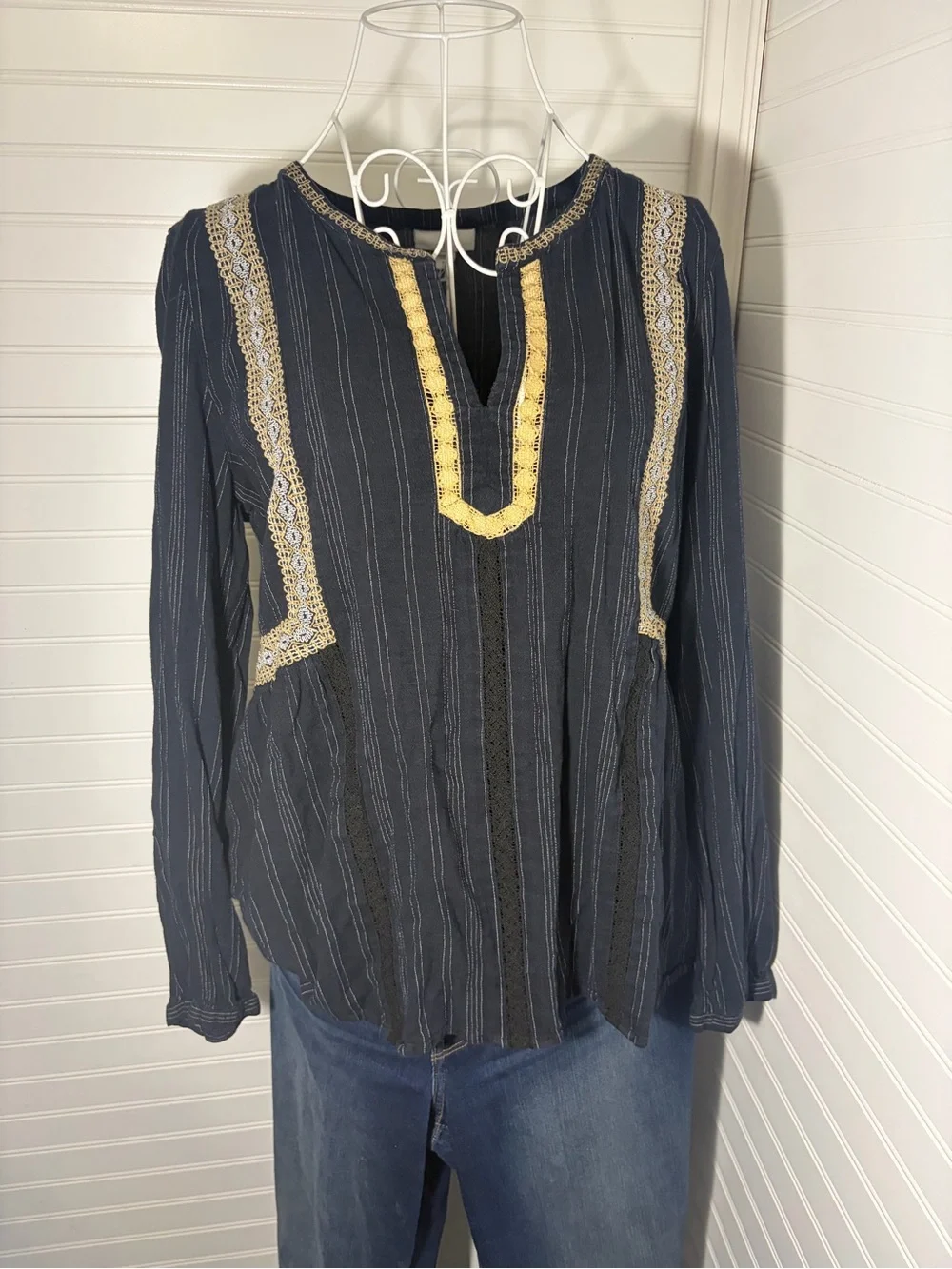 J.Jill Navy Embroidered V-Neck Peasant Top - Picture 8 of 9